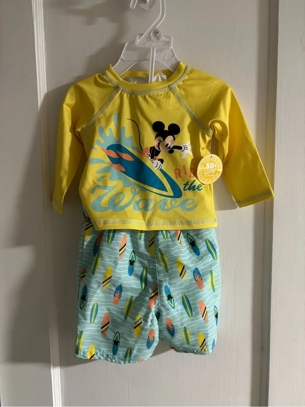 Disney Yellow & Aqua Mickey Surf Kids Rash Guard Set